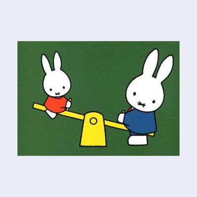 Green background postcard featuring an illustration of Miffy riding a yellow seesaw with her dad (a bigger version of her wearing a suit with a mustache). 