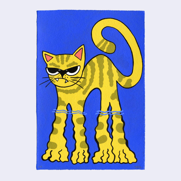 Painting of an angry cartoon yellow cat with very long legs, standing half submerged in water. Background is solid blue to mimic the water.