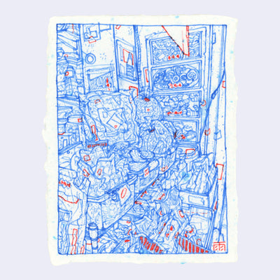 Blue and red ink line art illustration on speckled paper of a food shop stall at an outdoor market, with several rows of baskets/crates full of bagged food.