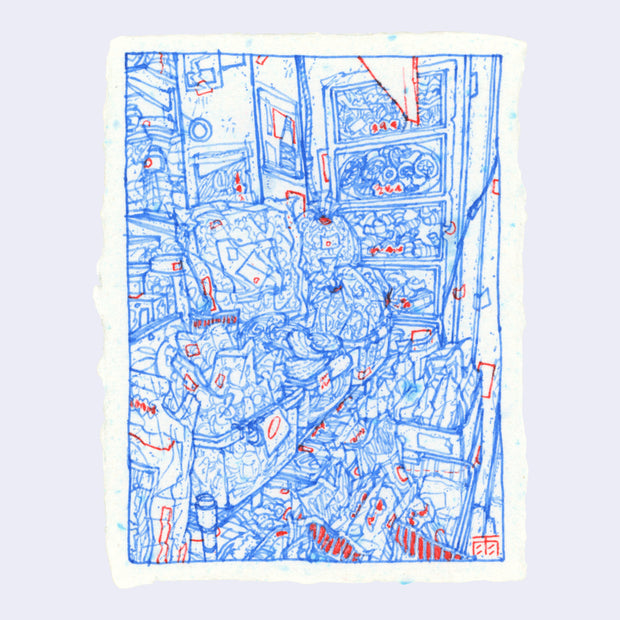 Blue and red ink line art illustration on speckled paper of a food shop stall at an outdoor market, with several rows of baskets/crates full of bagged food.