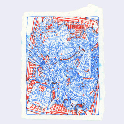 Blue and red ink line art illustration on speckled paper of a grocery basket, viewed from overhead to show the top of all the contents. Contents include: ginger candy, cheese, vegetables, noodles, cans, etc.