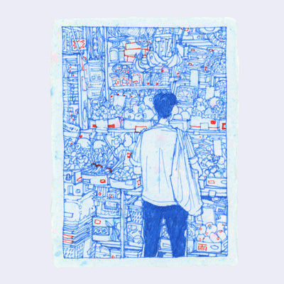 Blue and red ink line art illustration on speckled paper of a person shopping at an outdoor market, in front of a heavily stocked produce vendor. Their back is to the viewer and in front of them are endless shelves and rows of produce.