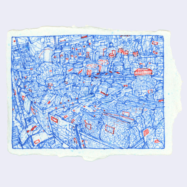 Blue and red ink line art illustration on speckled paper of a very heavily stocked market stall, with several rows of boxes and crates holding various packaged food goods.