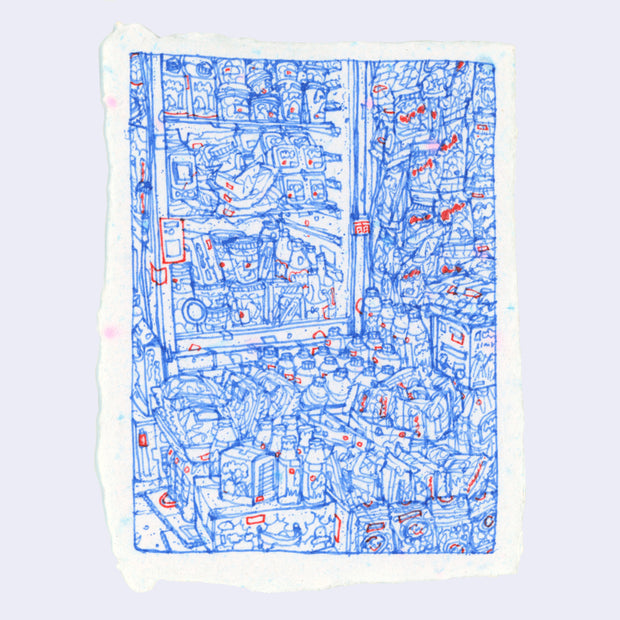 Blue and red ink line art illustration on speckled paper of a heavily stocked grocery or convenience store corner, with a mini fridge filled fully with cartons and bottles and rows of snacks and bottles of water in front of it.