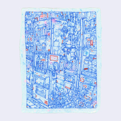 Blue and red ink line art illustration on speckled paper of a row of vending machines full of drinks, with very busy mechanical piping between 2 of the machines.