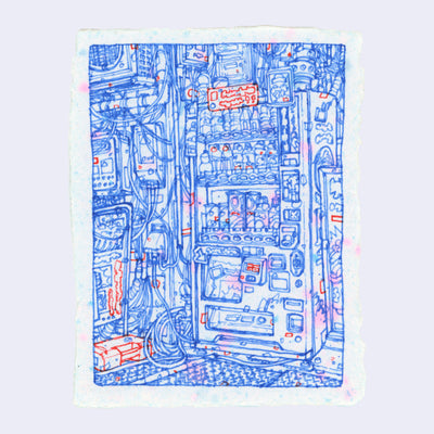 Blue and red ink line art illustration on speckled paper of a drink vending machine next to a wall of mechanical switches and power sources, with ropes of wire leading from one mounted box to the next.