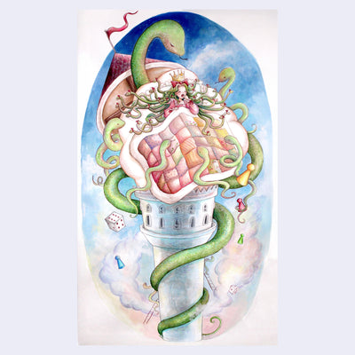 Illustration of a tower with a quilted bed atop it. A girl with snakes for hair sleeps in the bed. A large snake surrounds the tower and smaller snakes slither up towards the girl. Board game pieces fall off the top of the towerl