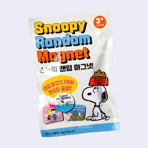 Bag with text that reads "Snoopy Random Magnet" with a graphic of Snoopy with a bowl atop his head and photos of other magnet options.