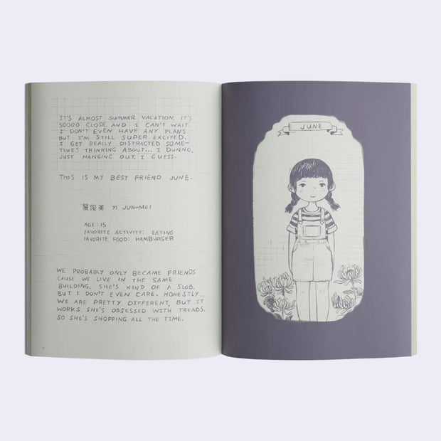 2 page excerpt from "Soft" featuring words written on grid style journal paper on one page and an illustration of a girl in overalls on the other.