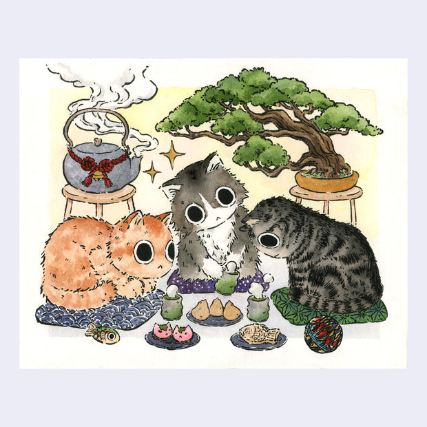 Watercolor painting of three fluffy cats sitting on patterned cushions in a half circle. They sit over steaming cups of tea with small sweet treats on plates in front of them. Behind them on wooden stools are a steaming tea kettle and a large bonsai tree.