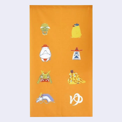 Orange rectangular tapestry with 8 icon style graphics of Spirited Away characters and symbols recognizable from the movie.