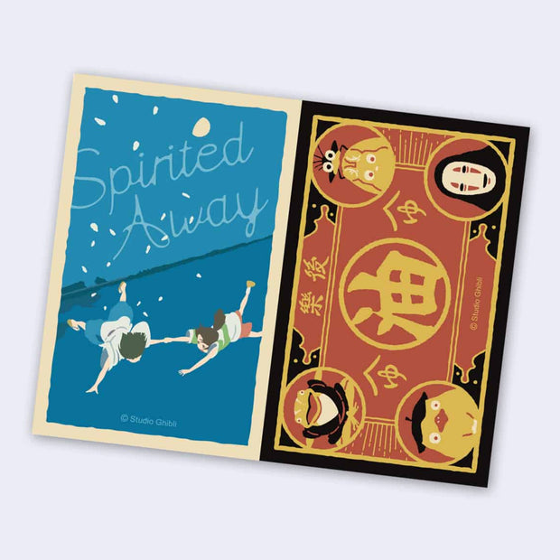 Set of 2 stickers, using imagery from Studio Ghibli's Spirited Away. Left sticker is blue with Haku and Chihiro falling from the night sky. Right sticker is red and gold looking like a ticket with various character portraits.