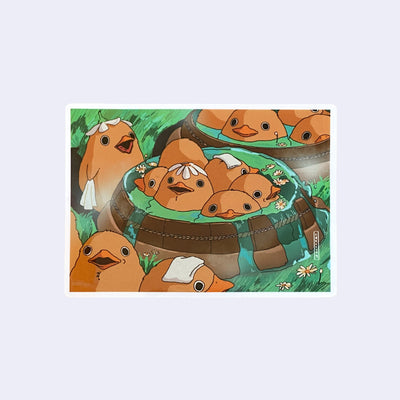 Rectangular sticker of an illustration of many comically rotund cartoon style ducks inside of a round bath, with water pouring out. Some have towels or daisies atop their heads.