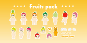 Group of stickers, all of Sonny Angel Kewpie babies in the nude and wearing a fruit themed hood hat.