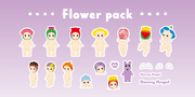 Group of stickers, all of Sonny Angel Kewpie babies in the nude and wearing a floral themed hood hat.