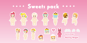 Group of stickers, all of Sonny Angel Kewpie babies in the nude and wearing a desserts themed hood hat.