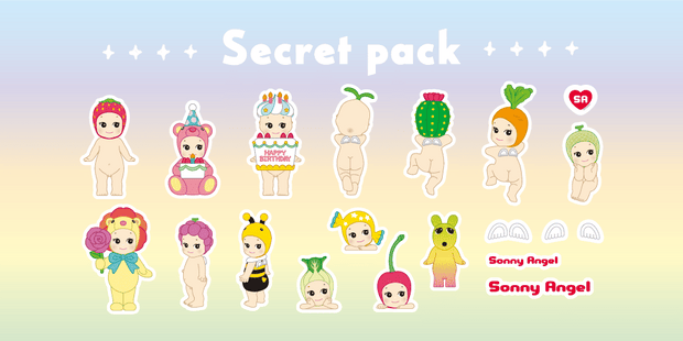 Group of stickers, all of Sonny Angel Kewpie babies dressed in various outfits with different themed hats and clothes.