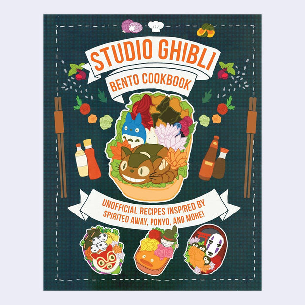 Cover of the Studio Ghibli Bento Cookbook featuring an illustration of several indulgent looking bento boxes with elements shaped to look like Studio Ghibli characters.