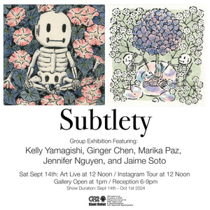 Art show poster for Subtlety, a five person group exhibition with art from Kelly Yamagishi and information details.