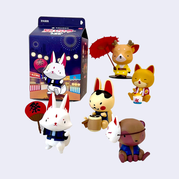 5 figures of cute cartoon style animals, interacting with or dressed as summer festival goers or performers.