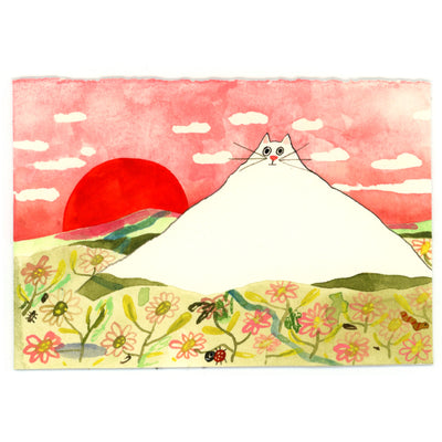 Illustration of a tall white mountain, with the top shaped like a cat's head with a closed eye cat face. It looms over much greenery and flowers and a large red sunset.