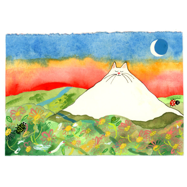 Illustration of a tall white mountain, with the top shaped like a cat's head with a closed eye cat face. It looms over much greenery and flowers and the sky is a blue to red gradient sunset.