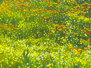 Painting of a very lush wild flower field, during a super bloom where every green surface is covered with yellow, orange and purple flowers. Off in the distance, 3 nude girls roam.