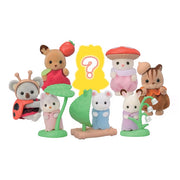 7 small flocked figures of animals in forest themed outfits. Animals include: bunnies, mice, chipmunks, and a koala.