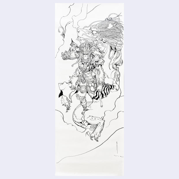 Black ink drawing on long, vertical off-white paper of a monkey dressed as a monkey or other fighter with ornate armor and a very dynamic pose, holding his 2 handed weapon behind himself. He floats in the air and a large dragon flies behind him.