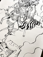 Close up detail of black ink drawing on long, vertical off-white paper of a monkey dressed as a monkey or other fighter with ornate armor and a very dynamic pose, holding his 2 handed weapon behind himself. He floats in the air and a large dragon flies behind him.