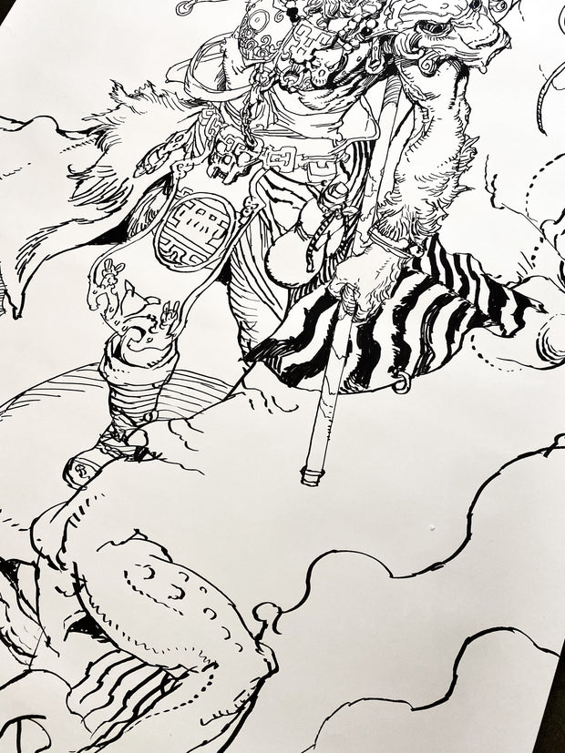 Close up detail of black ink drawing on long, vertical off-white paper of a monkey dressed as a monkey or other fighter with ornate armor and a very dynamic pose, holding his 2 handed weapon behind himself. He floats in the air and a large dragon flies behind him.