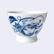 White ceramic bowl with a large rounded base that extends out slightly. A dark blue line illustration of a girl's face is on the bowl, with a large pot shaped helmet atop her head and a branch slightly obscuring her face.