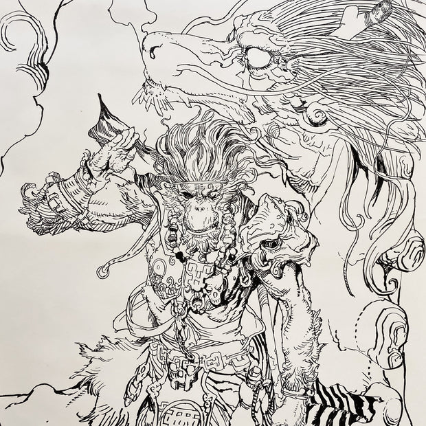 Close up detail shot of black ink drawing on long, vertical off-white paper of a monkey dressed as a monkey or other fighter with ornate armor and a very dynamic pose, holding his 2 handed weapon behind himself. He floats in the air and a large dragon flies behind him.