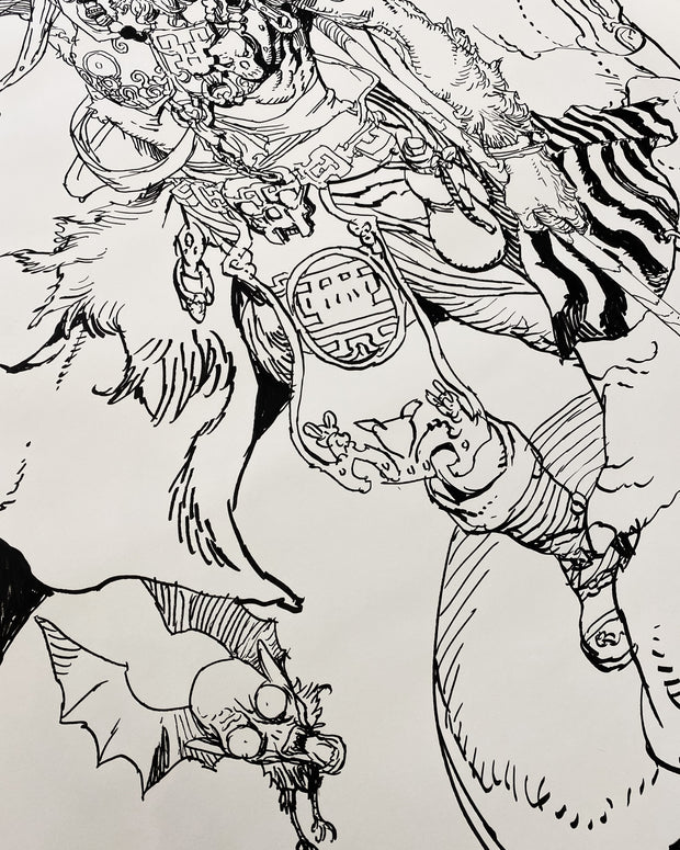 Close up detail shot of Black ink drawing on long, vertical off-white paper of a monkey dressed as a monkey or other fighter with ornate armor. A large eyed flying head is nearby.