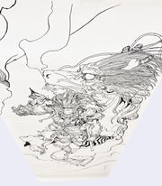 Overhead view of black ink drawing on long, vertical off-white paper of a monkey dressed as a monkey or other fighter with ornate armor and a very dynamic pose, holding his 2 handed weapon behind himself. He floats in the air and a large dragon flies behind him.