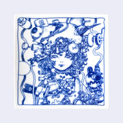 Square white porcelain plate with rounded edges and dark blue line art illustration of a girl with short, wavy hair. She wears a large helmet with many robotic elements and wires. A bird peaks out the top and smaller robotic elements are coming off her body.