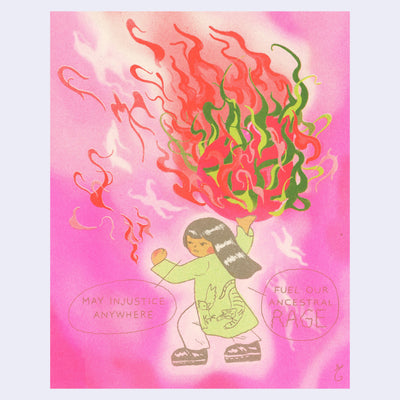 Illustration of a small girl with long black hair and a determined expression. One hand is a fist and the other holds a giant, flaming dragon fruit. Text bubbles come out that read "May injustice everywhere fuel our ancestral rage"