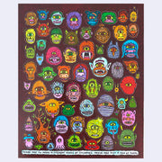 Sticker sheet with many small monster heads, all cyclopses with only one eye but a variety of other features.