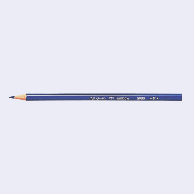 Single blue sharpened pencil with a blue body and text that reads "High Quality Tombow 8900"