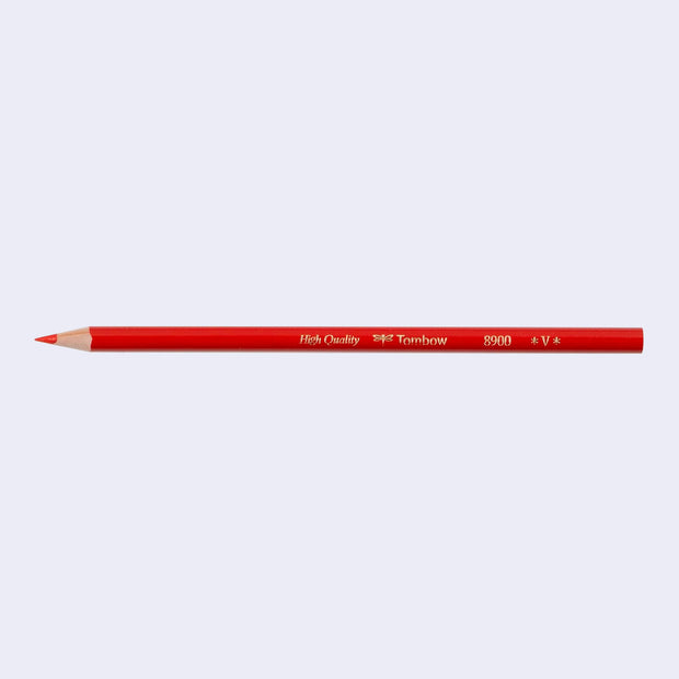 Single red sharpened pencil with a red body that says "High Quality Tombow 8900"