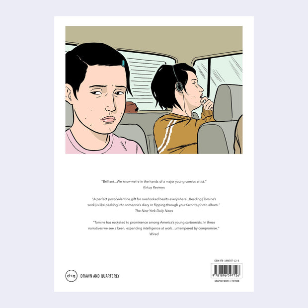 Back cover of Sleepwalk and Other Stories, featuring an illustration of 2 kids in a car, looking displeased. The one in the passenger seat looks to the side and the one in the back looks out the window and has on headphones.