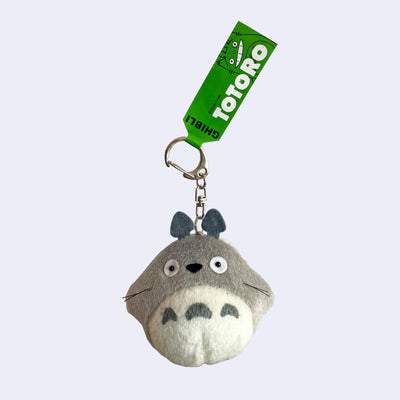 Fluffy plush keychain of Totoro from My Neighbor Totoro with flat felt ears and small wire-y whiskers.