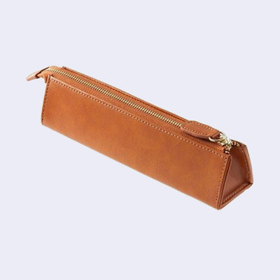 Warm brown synthetic leather exterior pen case, in a triangular shape with a zipper top.