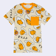 Yellow t-shirt with a repeating all over pattern of Gudetama, sitting on egg yolk, inside of an egg shell or wrapped in bacon. Shirt has a yellow collar and a front pocket on the lapel.