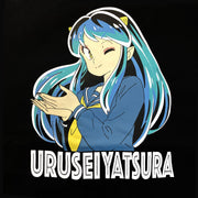 Close up of a graphic of Lum from Urusei Yatsura, a winking, smiling girl with blue striped hair and small yellow horns. She wears a navy sailor shirt with a yellow neck ribbon. 