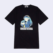 Black t-shirt with a graphic of Lum from Urusei Yatsura, a winking, smiling girl with blue striped hair and small yellow horns. She wears a navy sailor shirt with a yellow neck ribbon. 