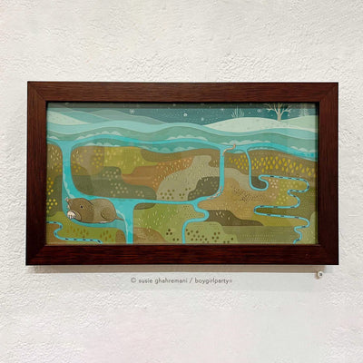 Painting of a multicolored green landscape, seen from a cross section view with burrow paths made by a mole, also pictured. Small ants crawl.