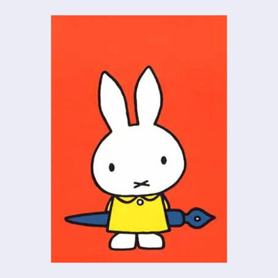 Orange background postcard with illustration of Miffy wearing a yellow dress and holding a large blue fountain pen behind her back.