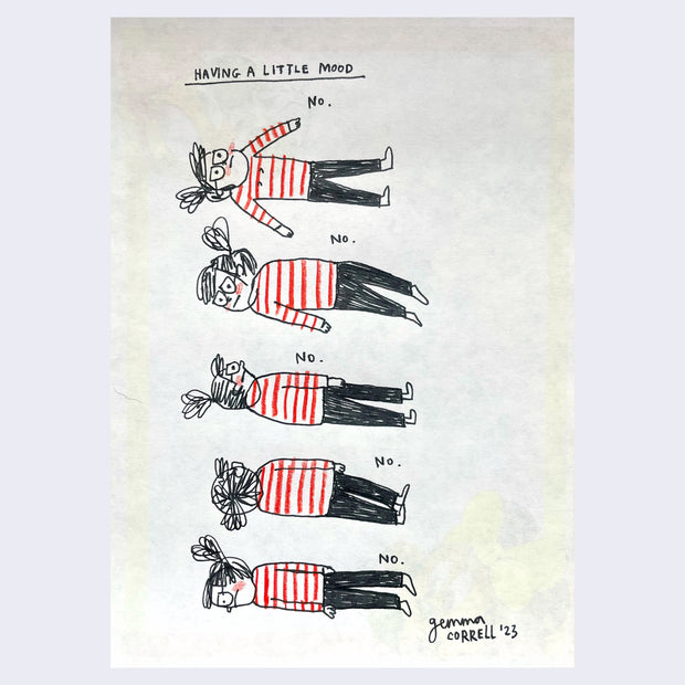 Sketch of the same woman, wearing a red and white striped sweater and black pants laying on the ground, in slightly different positions. Writing nearby says "Having a Little Mood"