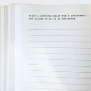 Page excerpt, white with horizontal dotted lines. "Write a survival guid for a character: Ten things to do in an emergency" is written at the top.